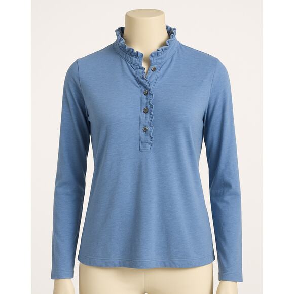 Brooks Brothers Supima Cotton Ruffle Henley Long Sleeve Top Blue Size Large - Picture 1 of 14